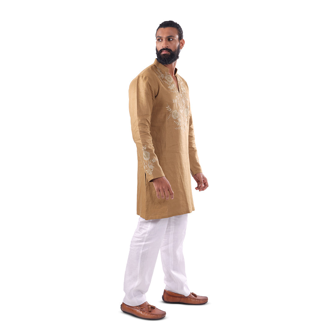Olive Gold Vine-Embroidered Hemp Kurta Set, side profile view on white background