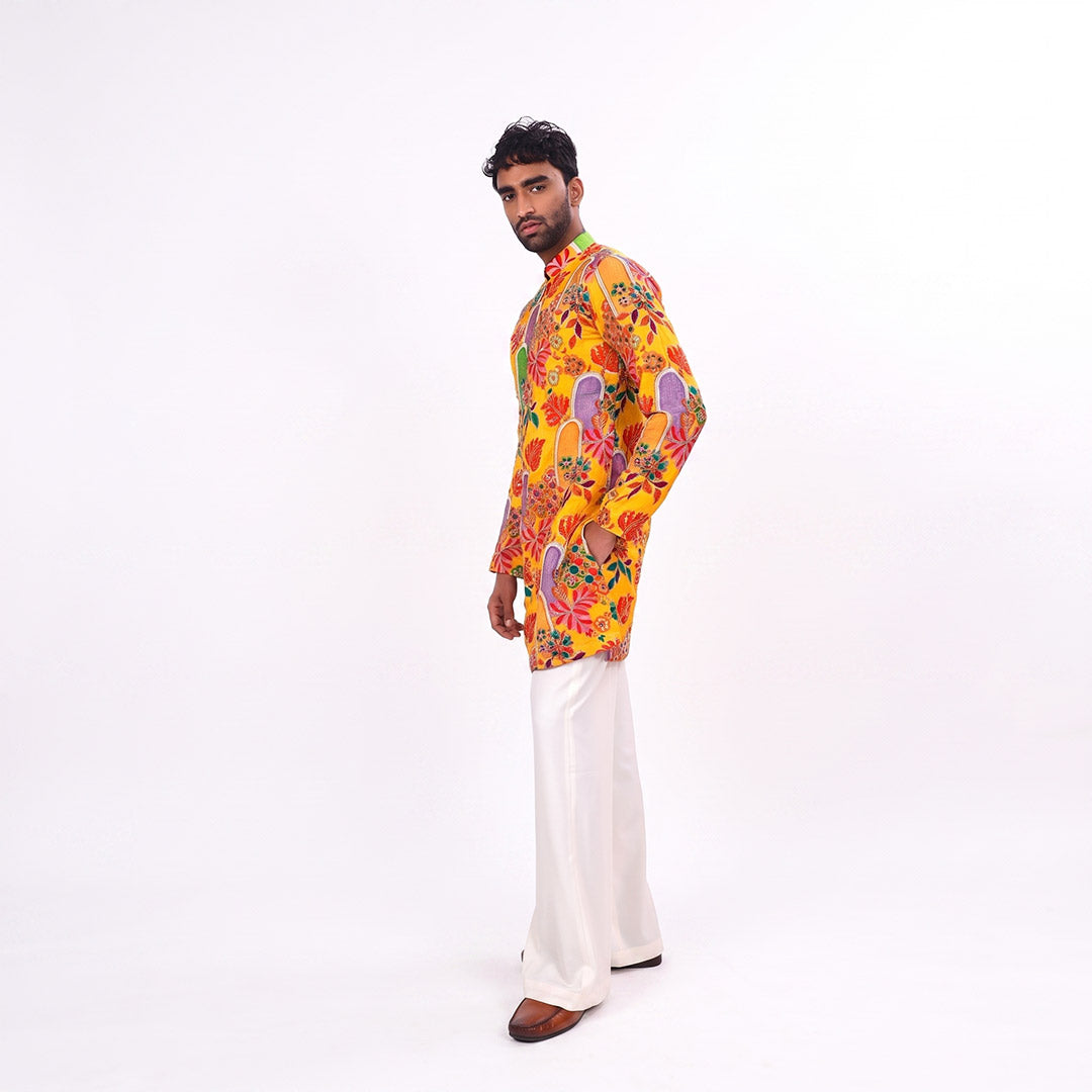 Sunshine Floral Zip Kurta Set, side profile view on white background