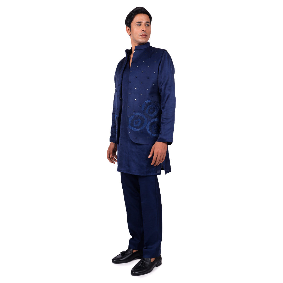 Deep Midnight Nehru jacket set, three-quarter front view on white background