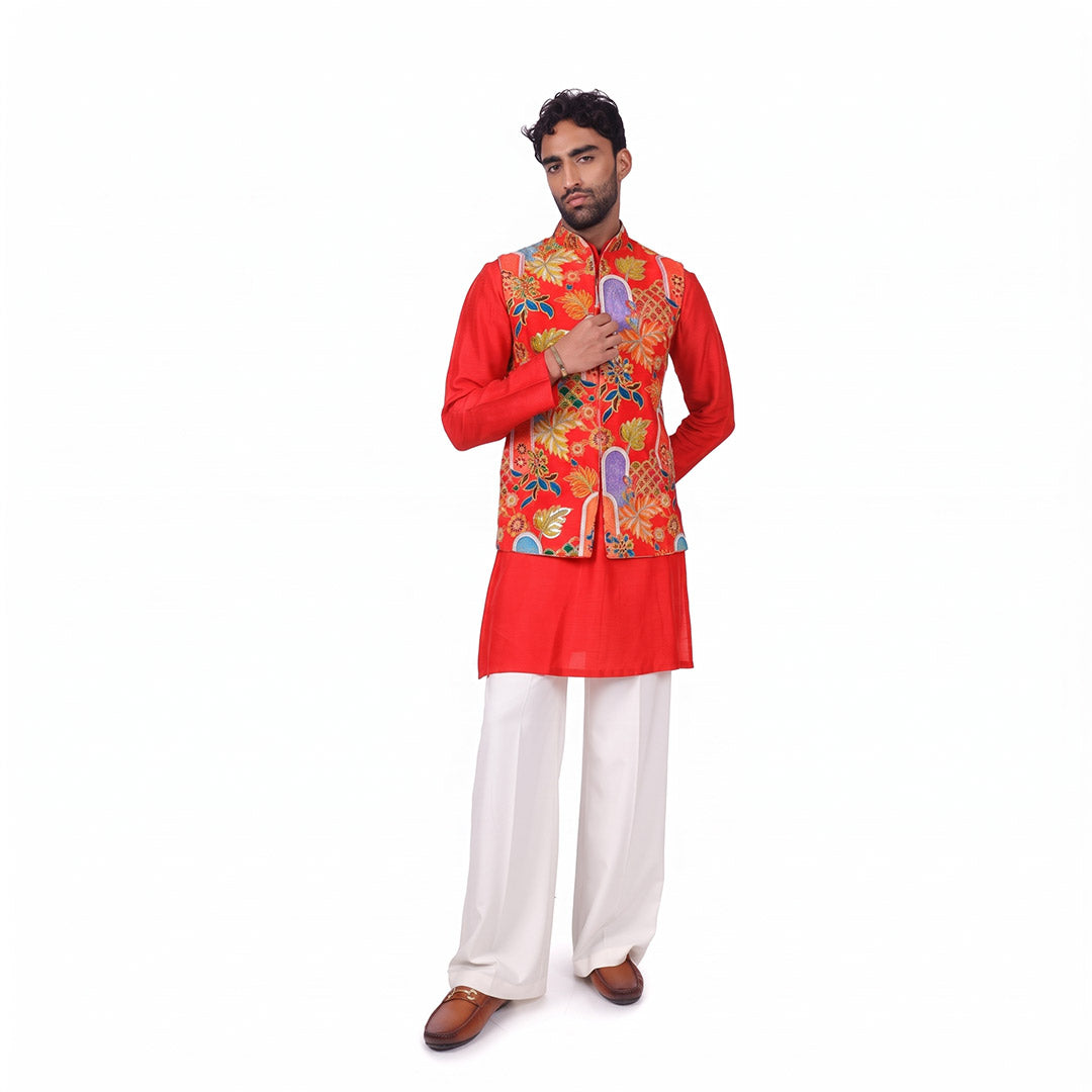 Scarlet Floral Nehru Jacket Set, full-length front view on white background