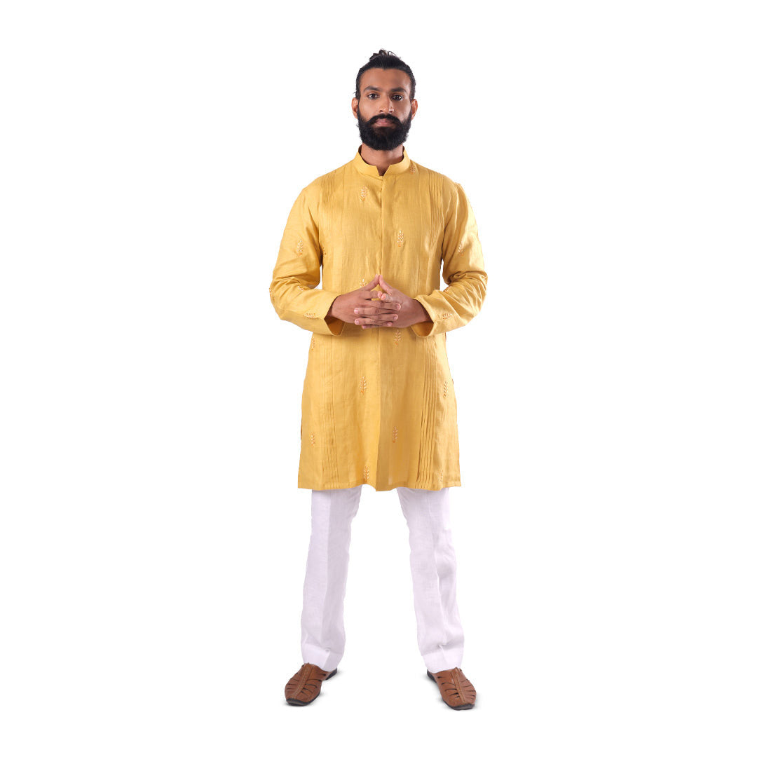 Marigold Pintuck-Columns Hemp Kurta Set, full-length front view on white background