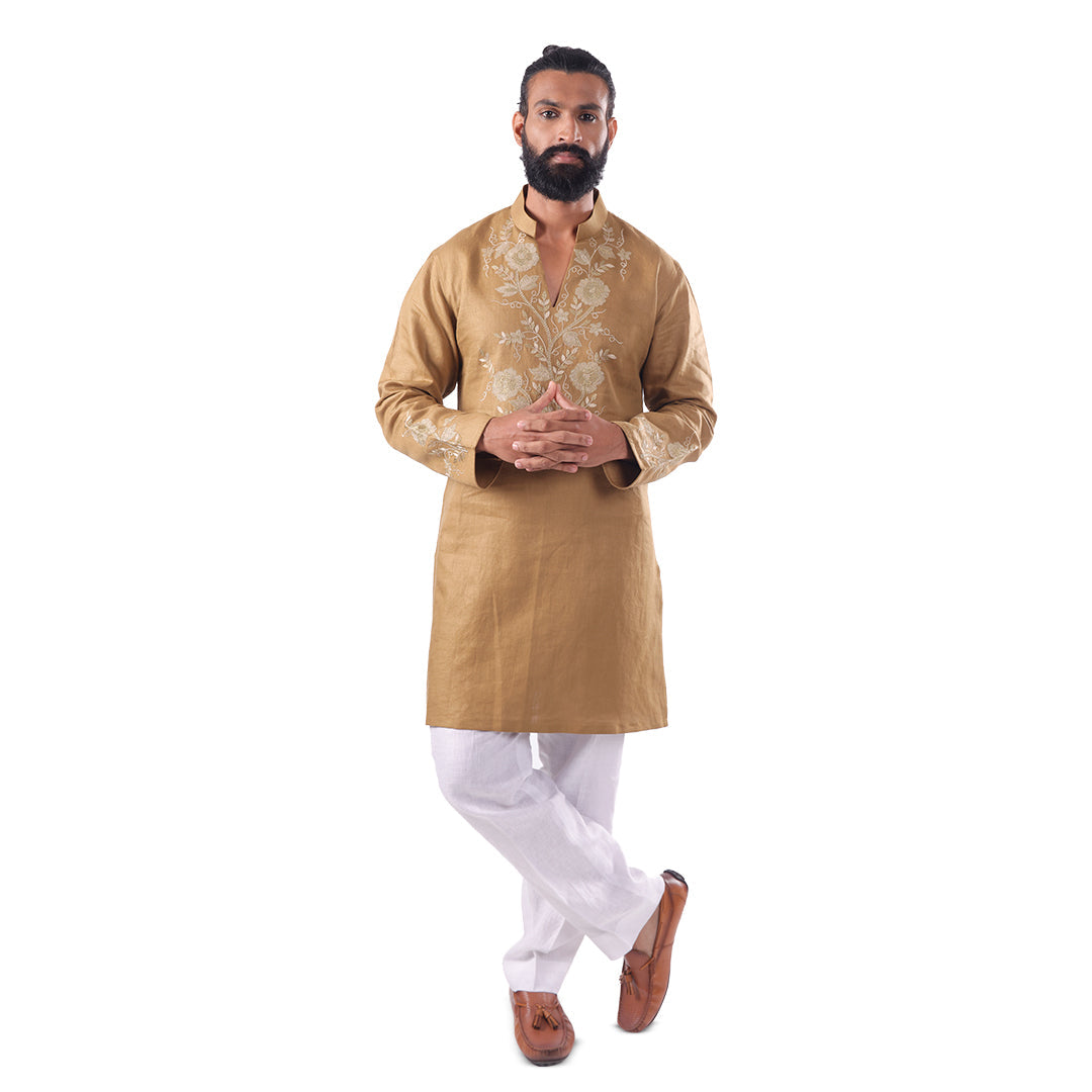 Olive Gold Vine-Embroidered Hemp Kurta Set, full-length front view on white background
