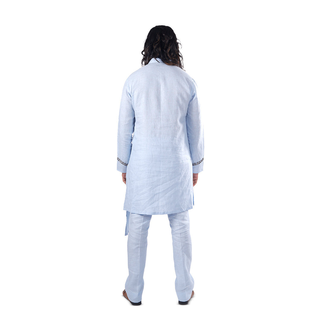 Sky Blue Asymmetric-Trim Linen Kurta Set, back view showing the asymmetric hem