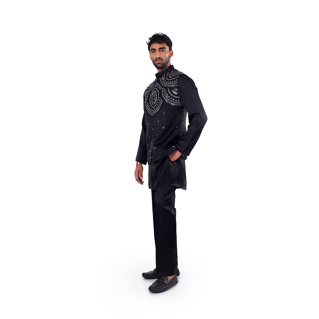 Midnight Black Mirror-Work Nehru Jacket Set, side profile view on white background