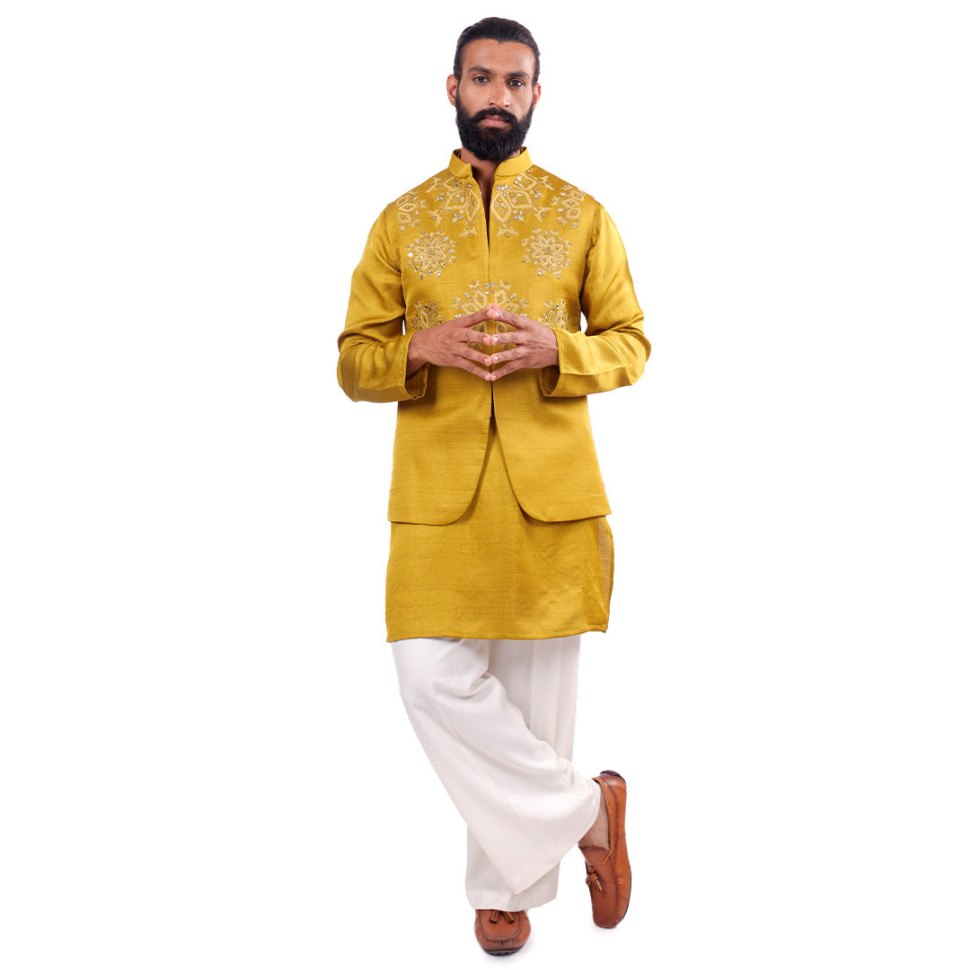 Citrus Glow Nehru Jacket Set, full-length front view on white background