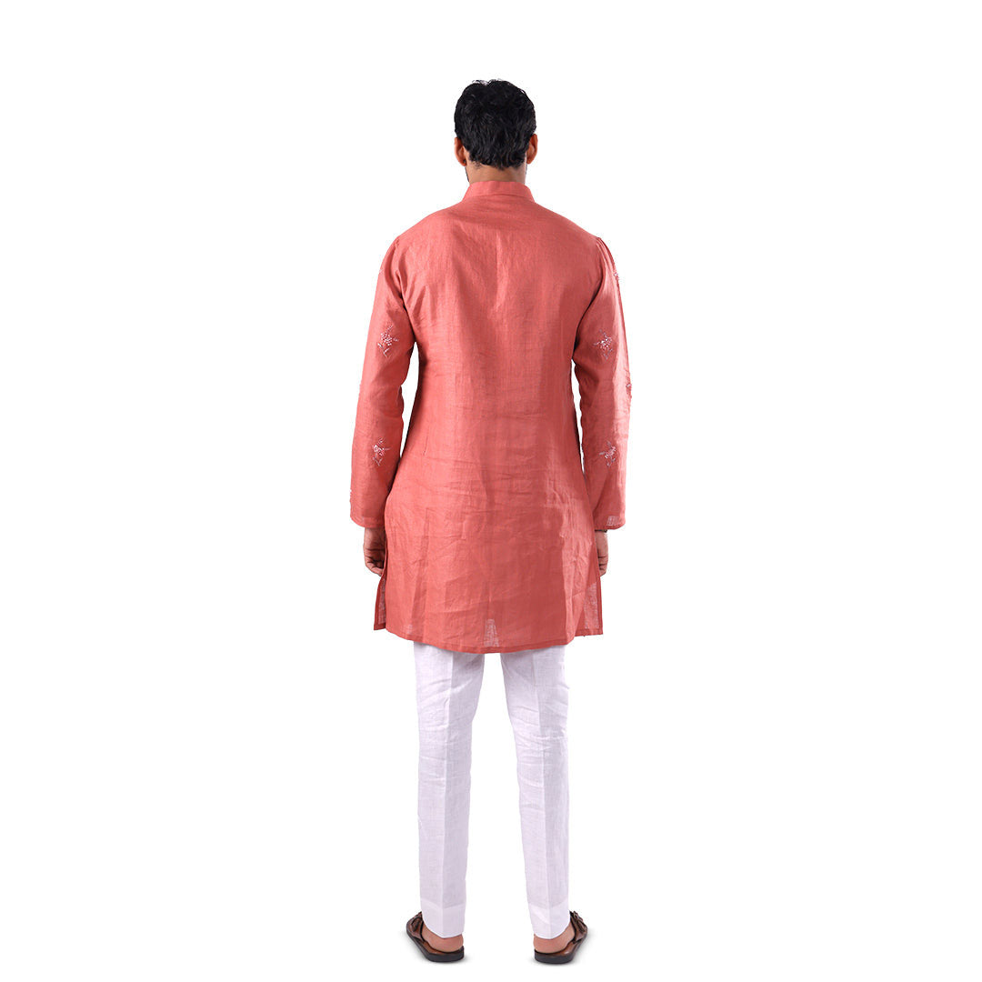 Rosewood Floral-Scatter Hemp Kurta Set, back view on white background
