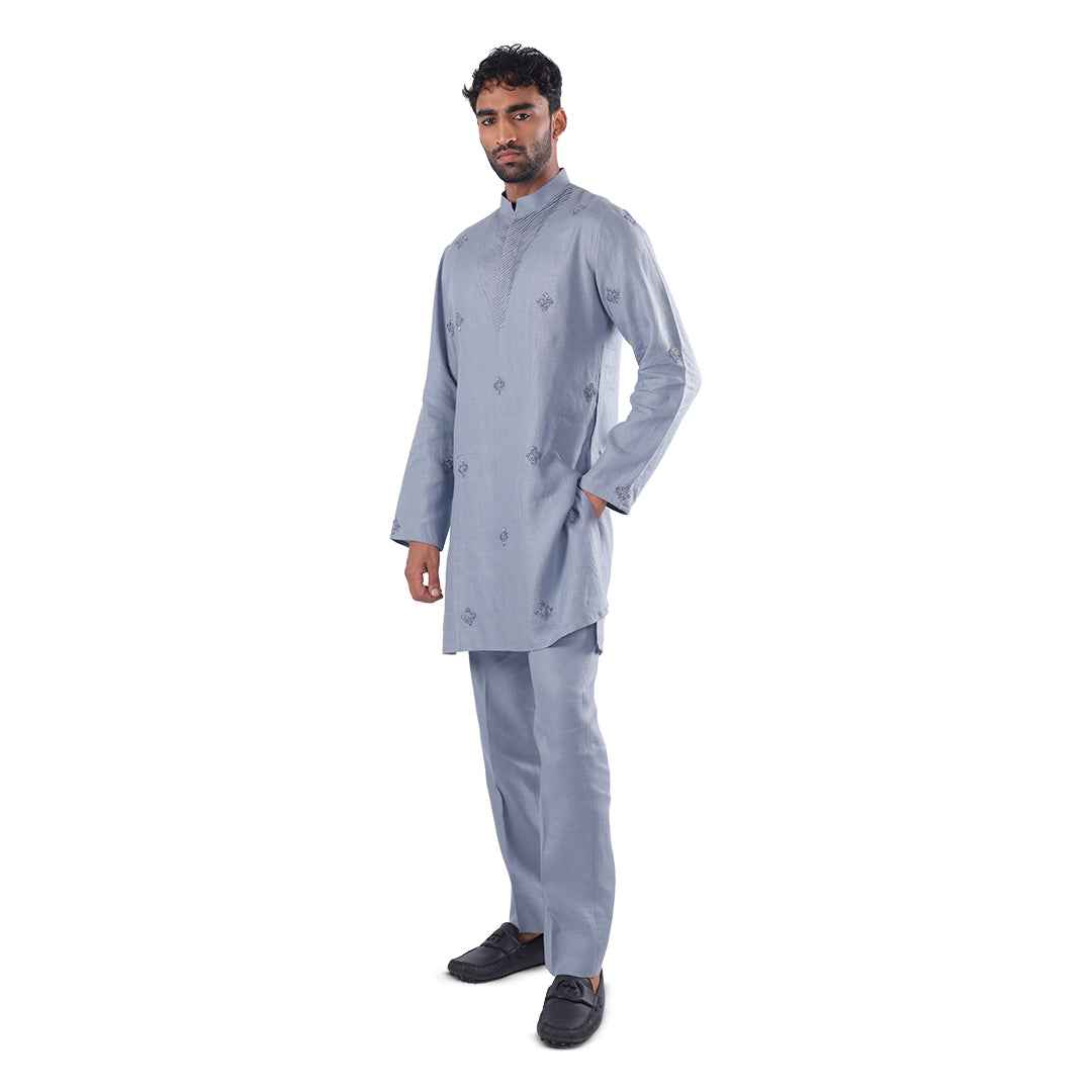 Airforce Blue Chevron-Bib Hemp Kurta Set, side profile view on white background