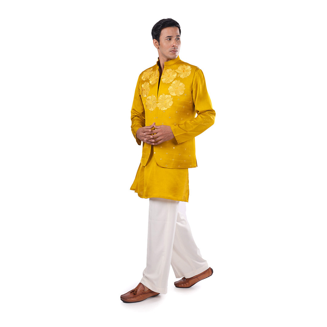 Marigold Mirror-Work Nehru Jacket Set, three-quarter front view walking, on white background