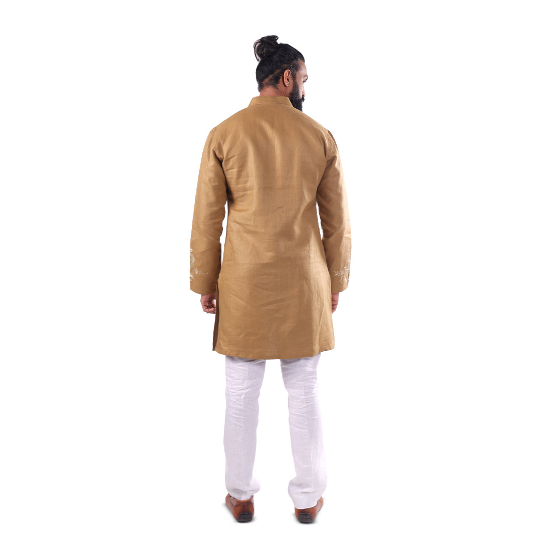 Olive Gold Vine-Embroidered Hemp Kurta Set, back view on white background