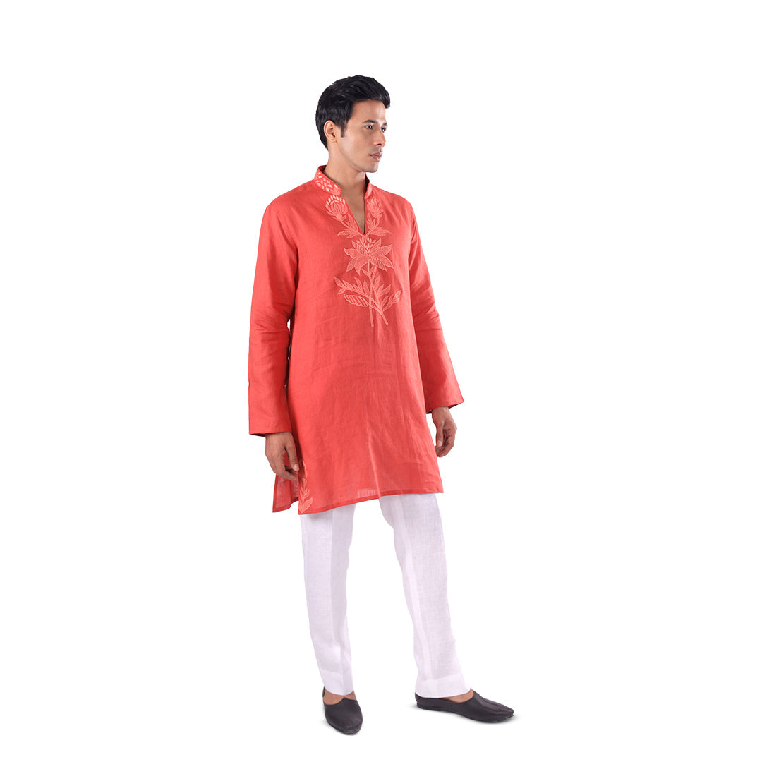 Coral Botanical-Statement Hemp Kurta Set, three-quarter front view on white background