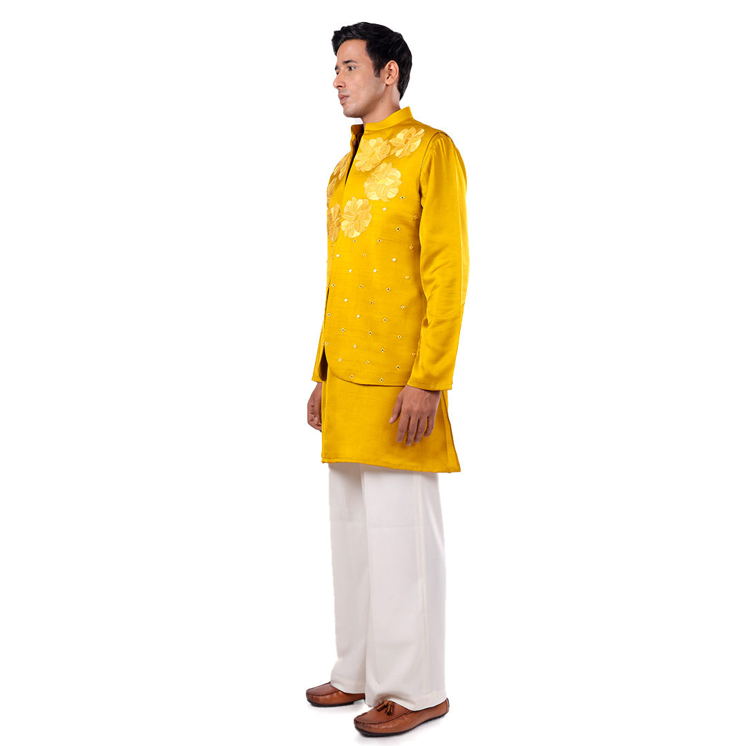 Marigold Mirror-Work Nehru Jacket Set, side profile view on white background
