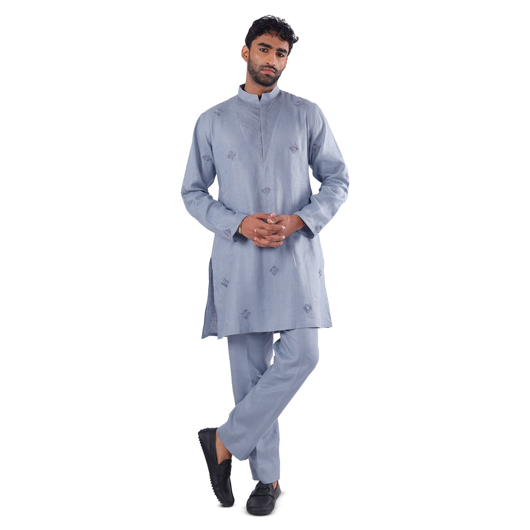 Airforce Blue Chevron-Bib Hemp Kurta Set, full-length front view on white background