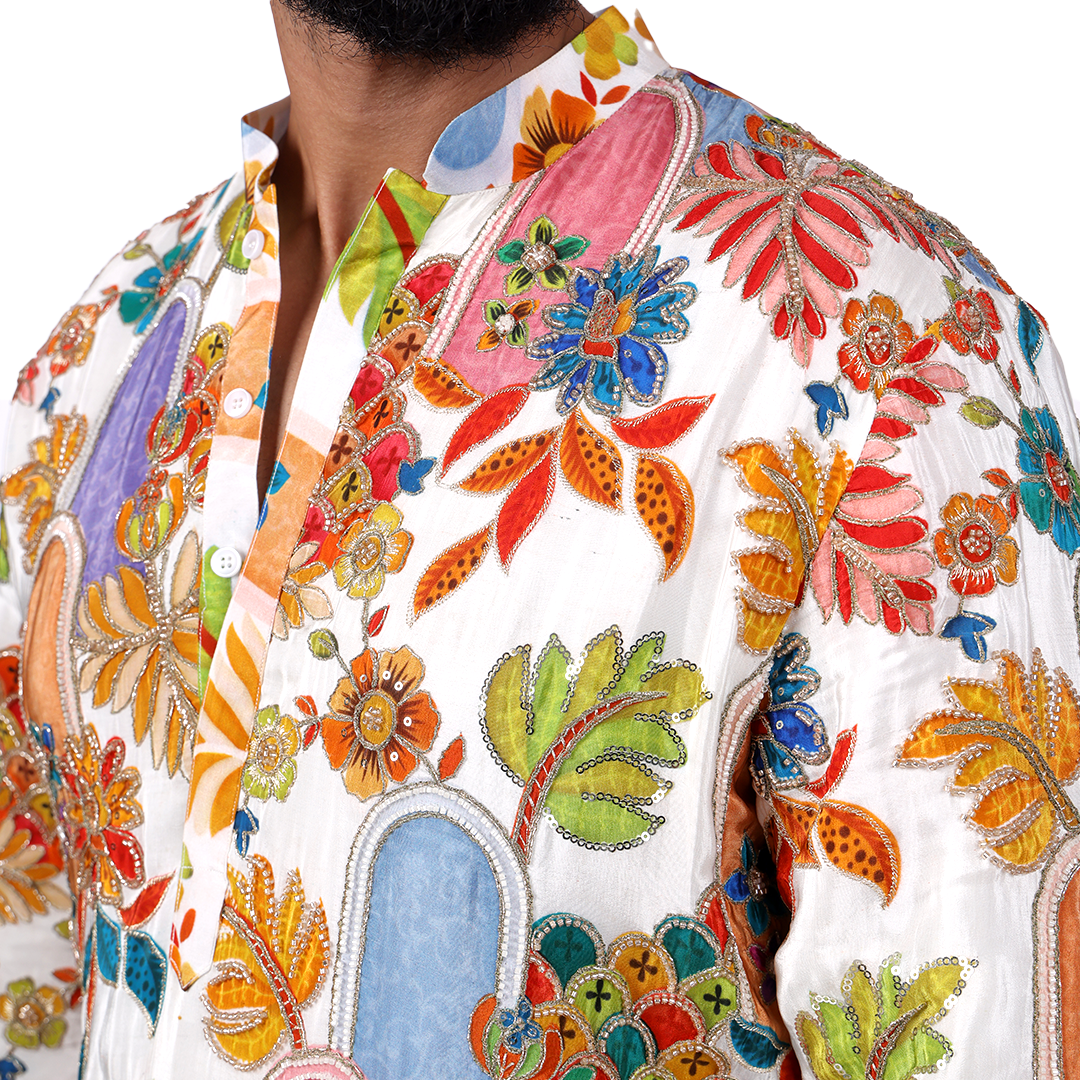 Close-up of white floral kurta