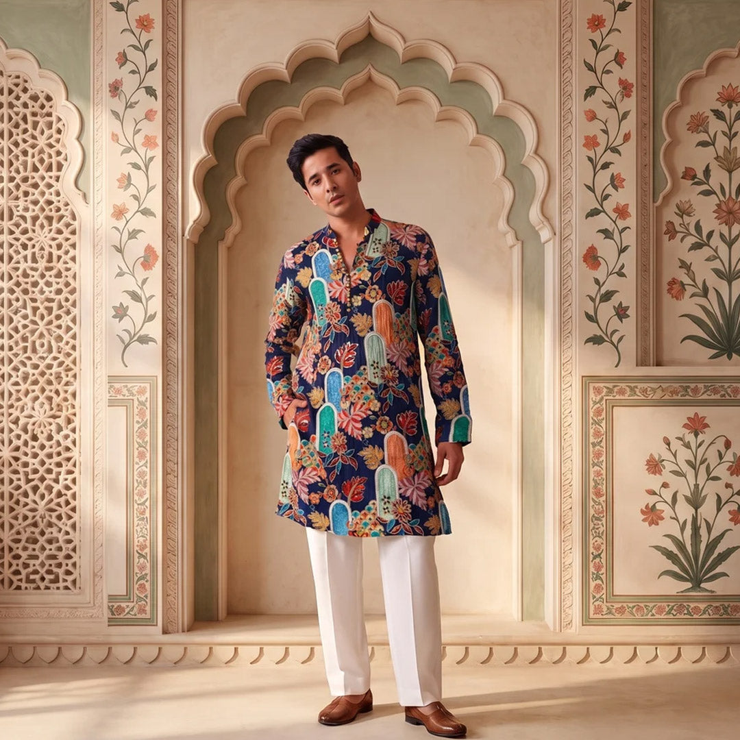Sapphire Botanical Print Kurta Set with off-white trousers, model in an arched pastel set