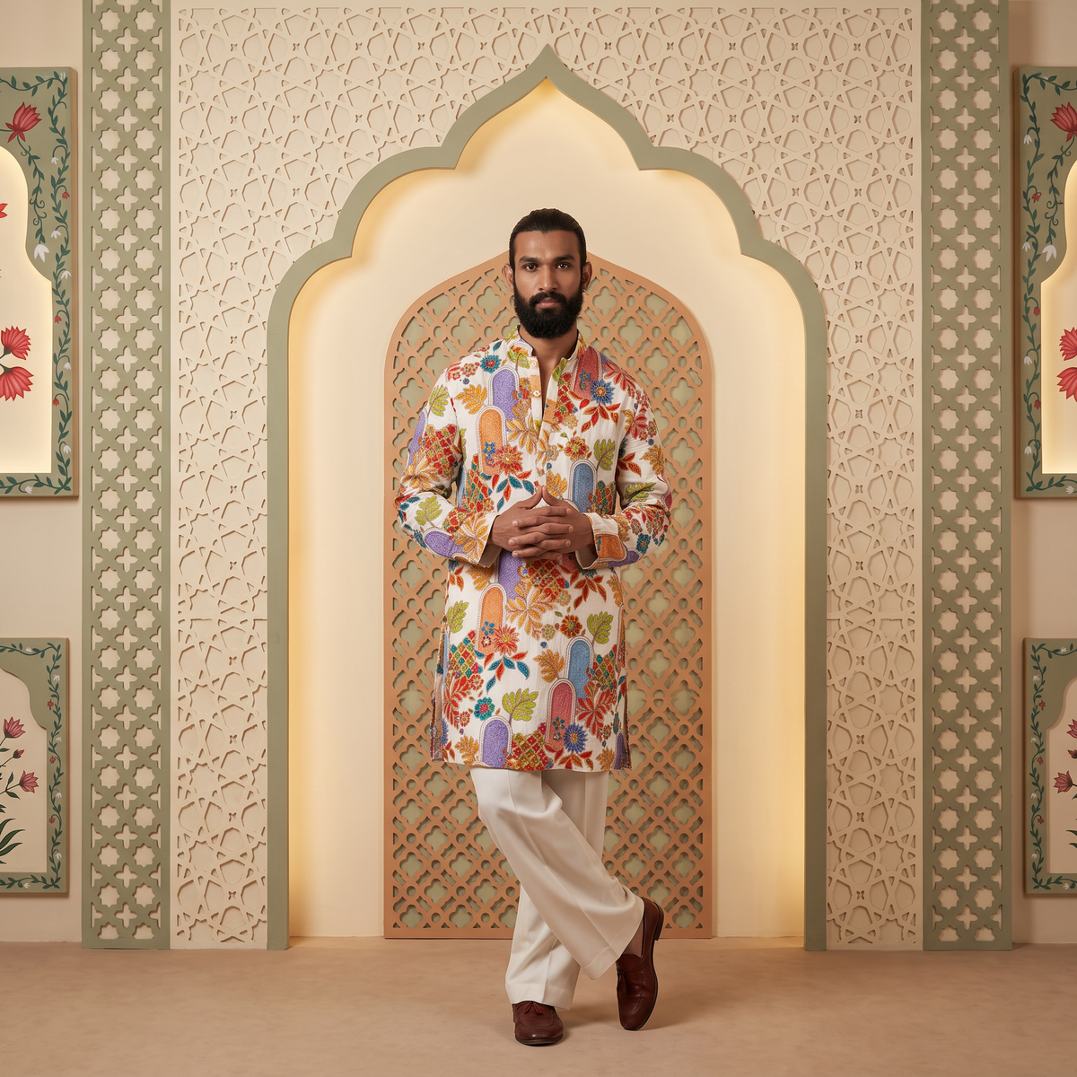 Floral printed kurta with white trousers