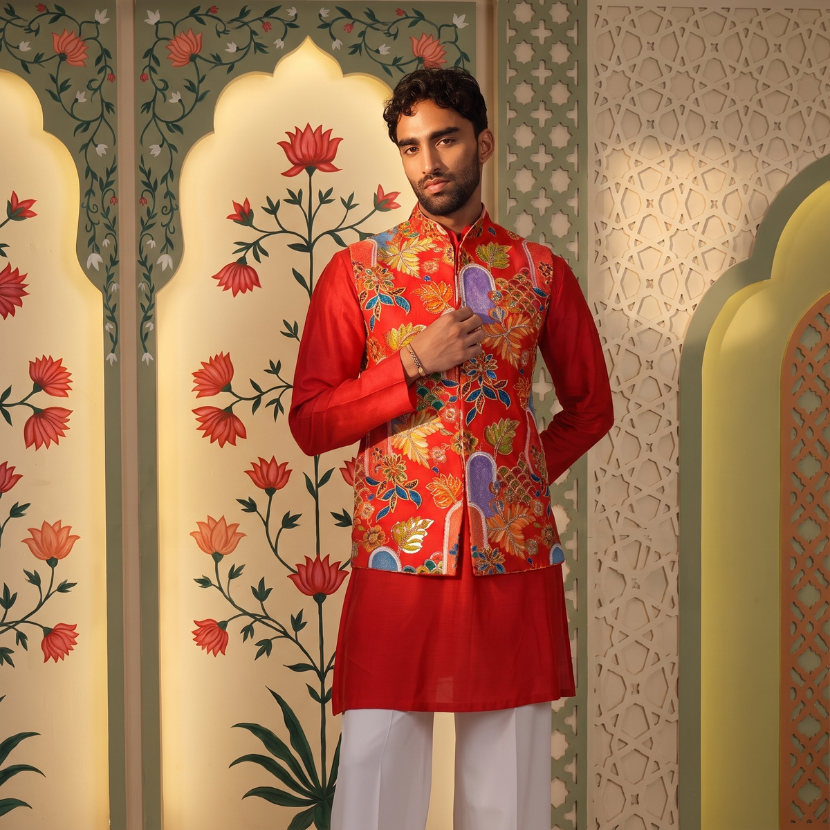 Red kurta with floral Nehru jacket