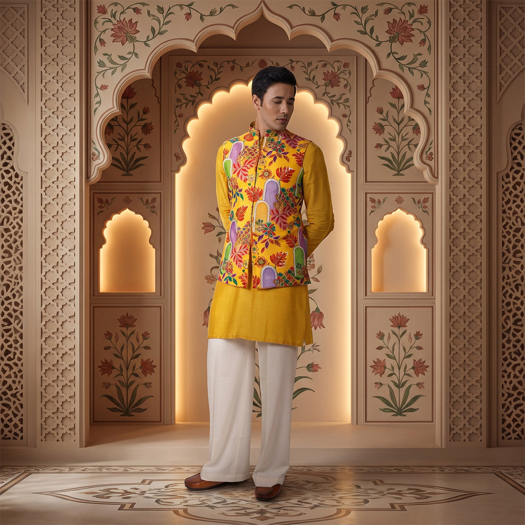 Marigold Floral Nehru Jacket Set worn open over a yellow kurta with white trousers, model standing in an arched Mughal-style set