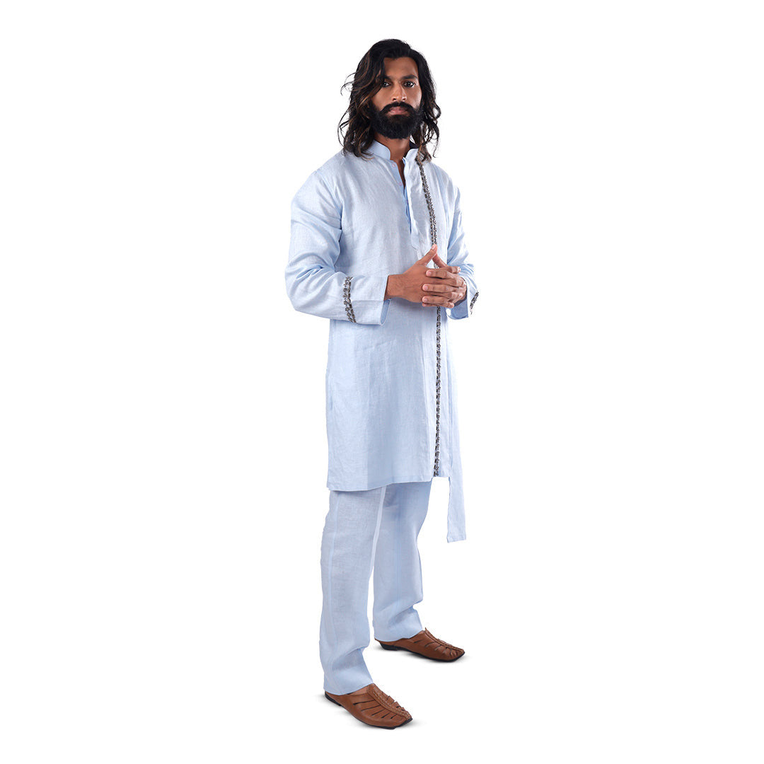 Sky Blue Asymmetric-Trim Linen Kurta Set, full-length front view on white background