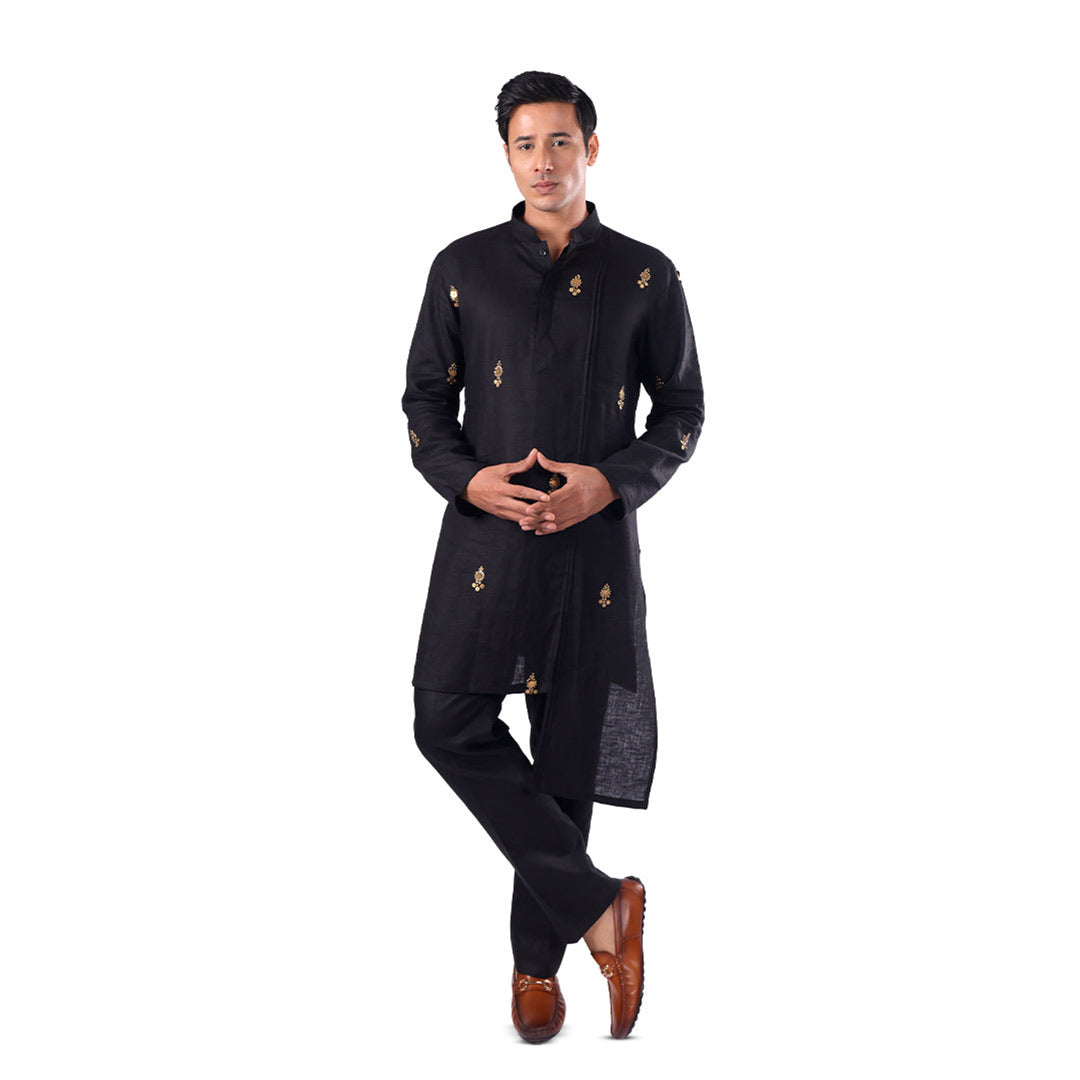 Midnight Black Monochrome Hemp Kurta Set, full-length front view on white background
