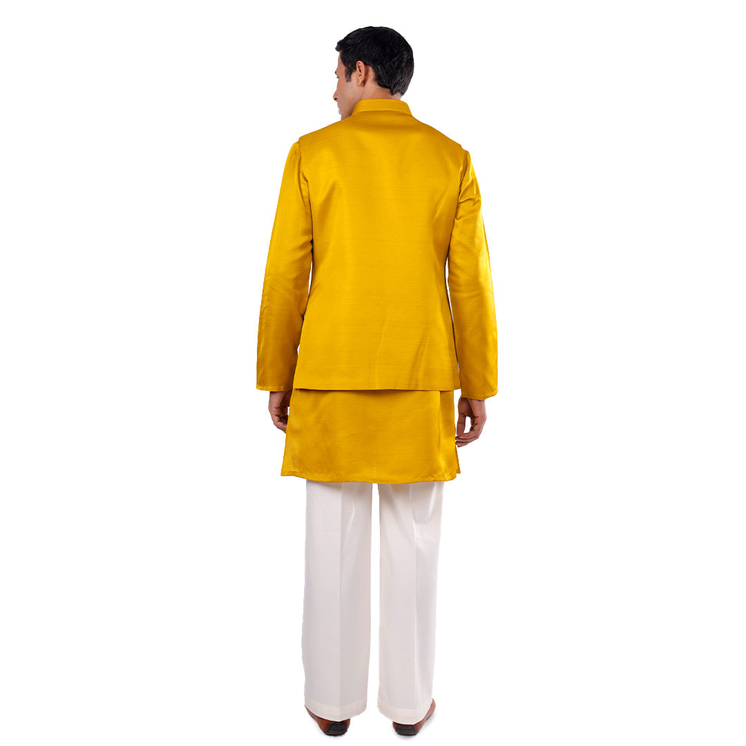 Marigold Mirror-Work Nehru Jacket Set, back view on white background