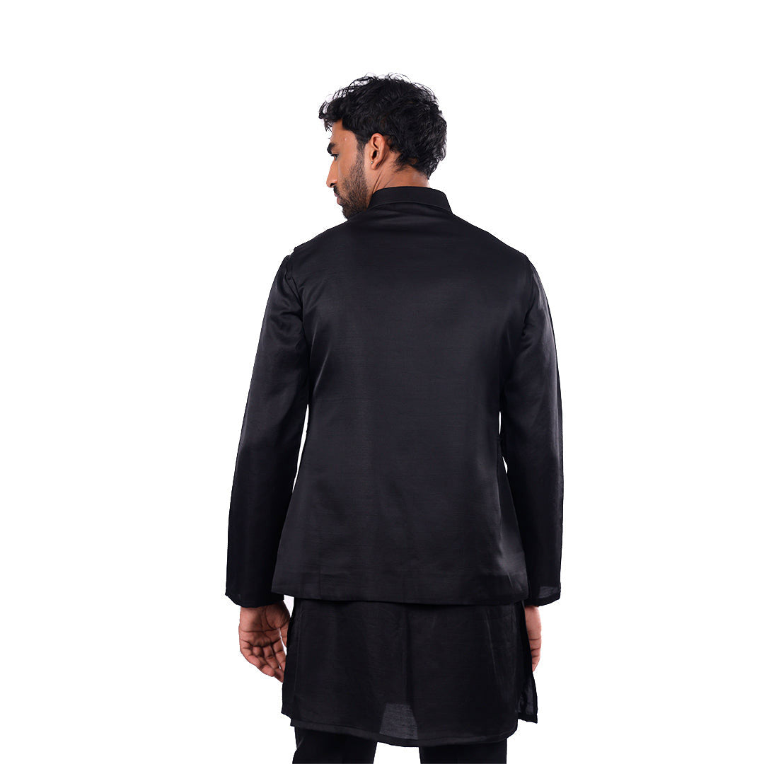 Midnight Black Mirror-Work Nehru Jacket Set, back view on white background