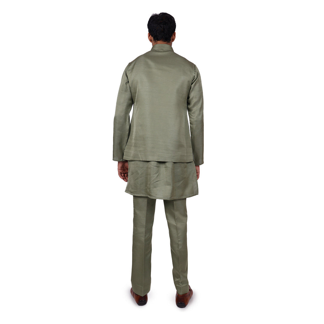 Sage Bloom Nehru Jacket Set, back view on white background