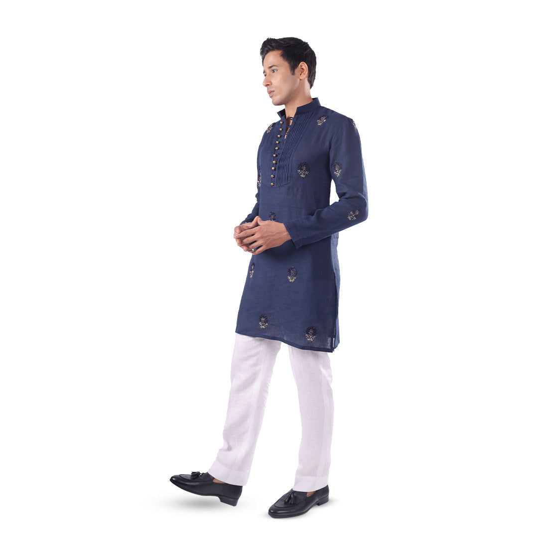 Indigo Buttoned-Bib Linen Kurta Set, three-quarter front view walking, on white background
