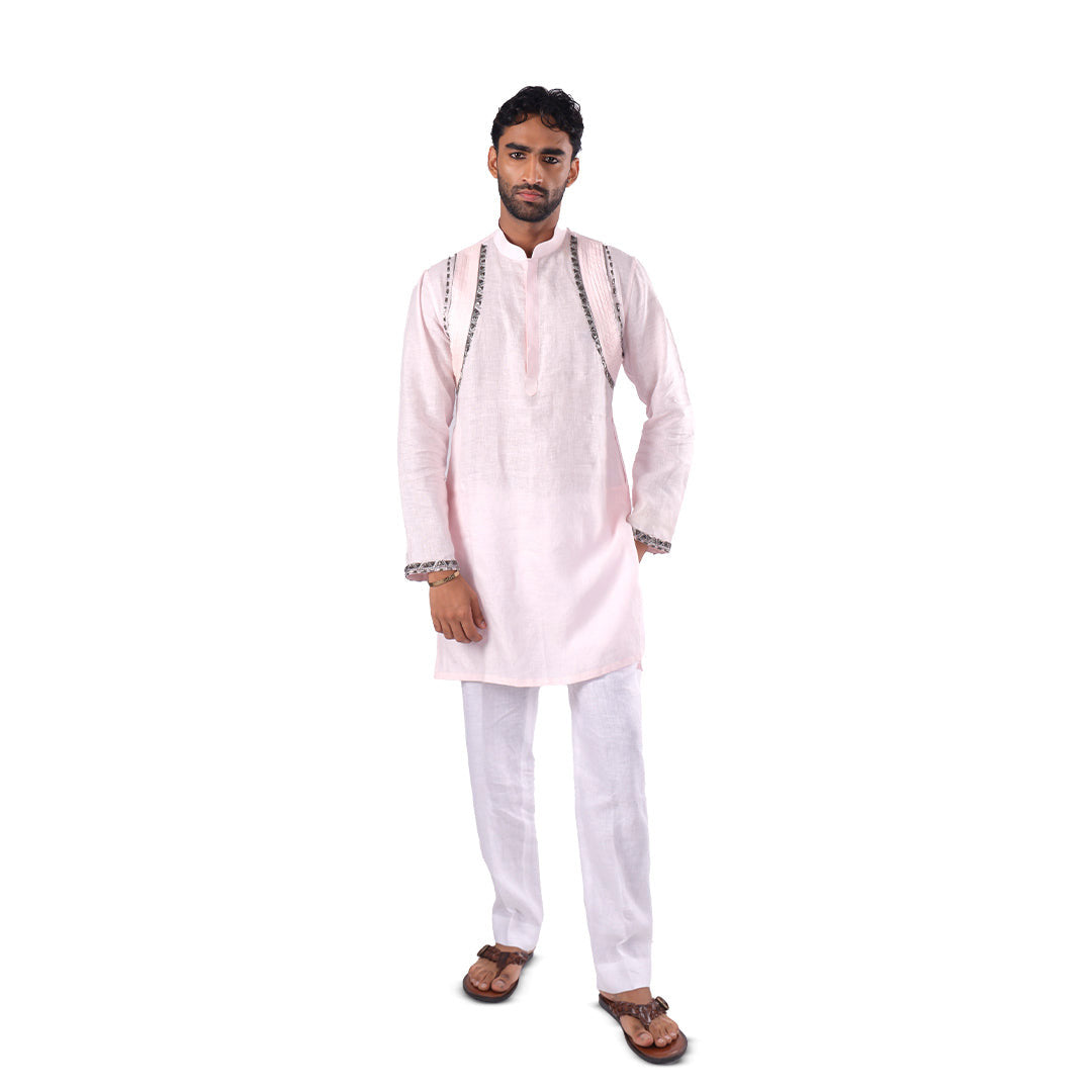 Powder Pink Linear-Accent Linen Kurta Set, full-length front view on white background