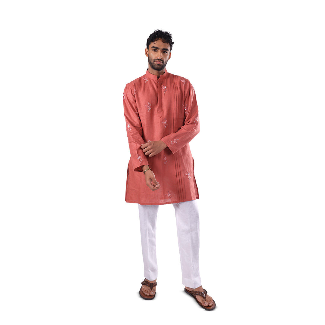 Rosewood Floral-Scatter Hemp Kurta Set, full-length front view on white background