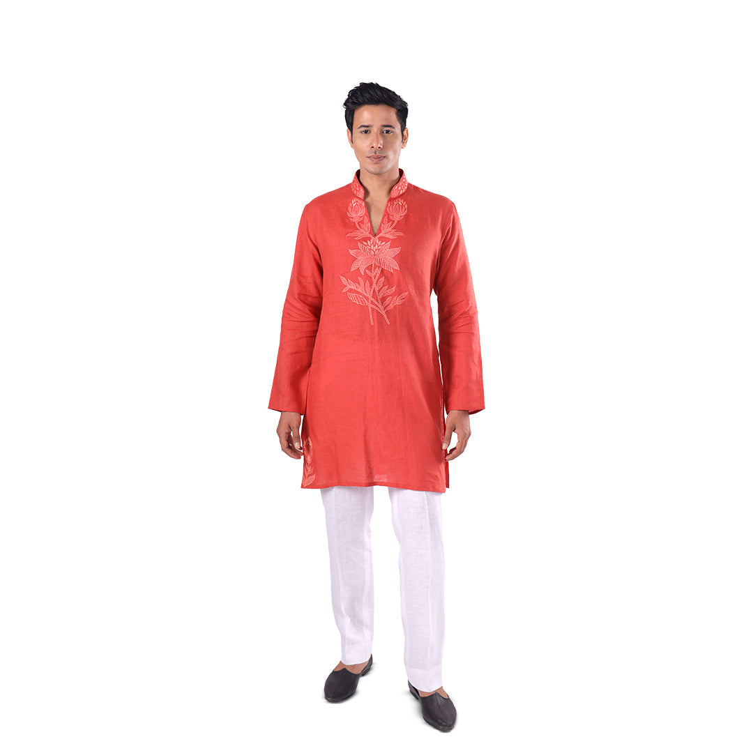 Coral Botanical-Statement Hemp Kurta Set, full-length front view on white background