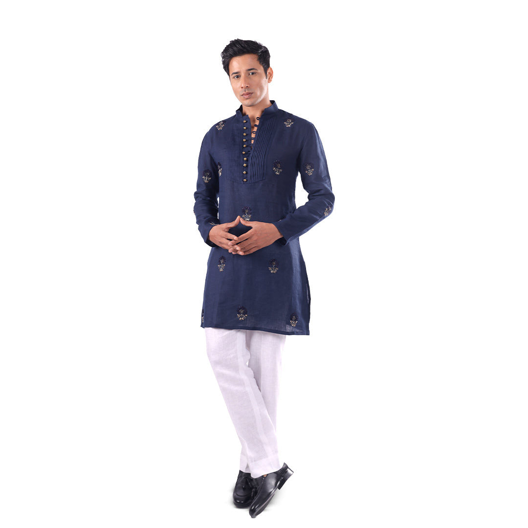 Indigo Buttoned-Bib Linen Kurta Set, full-length front view on white background