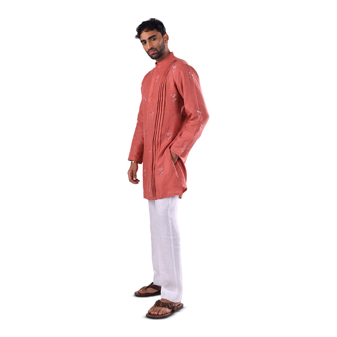 Rosewood Floral-Scatter Hemp Kurta Set, three-quarter front view on white background