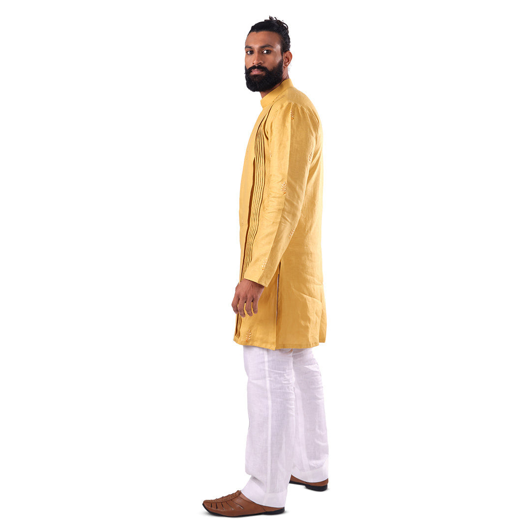 Marigold Pintuck-Columns Hemp Kurta Set, side profile view on white background