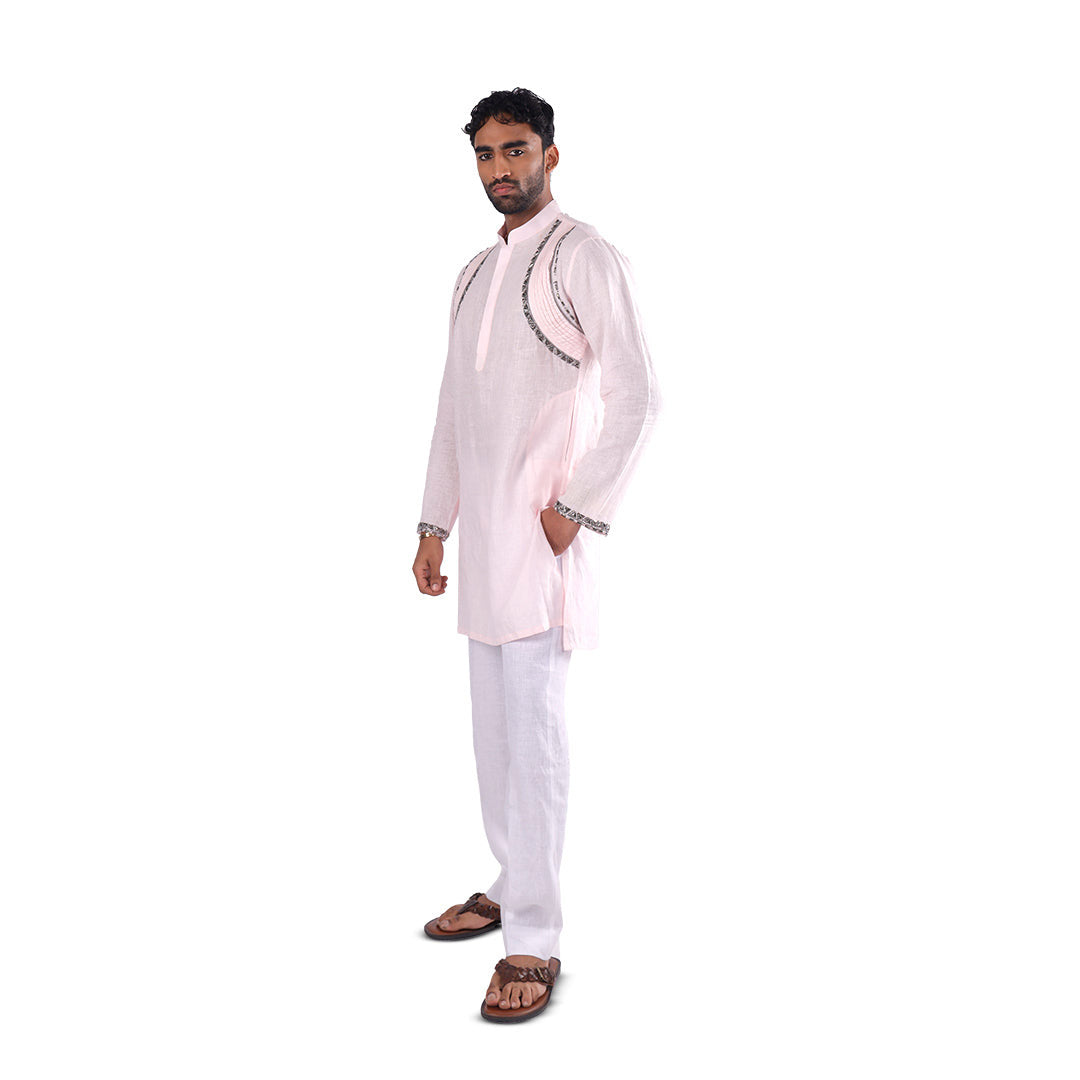 Powder Pink Linear-Accent Linen Kurta Set, three-quarter front view on white background
