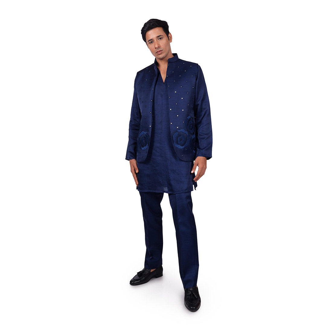 Deep Midnight Nehru jacket set, full-length front view on white background