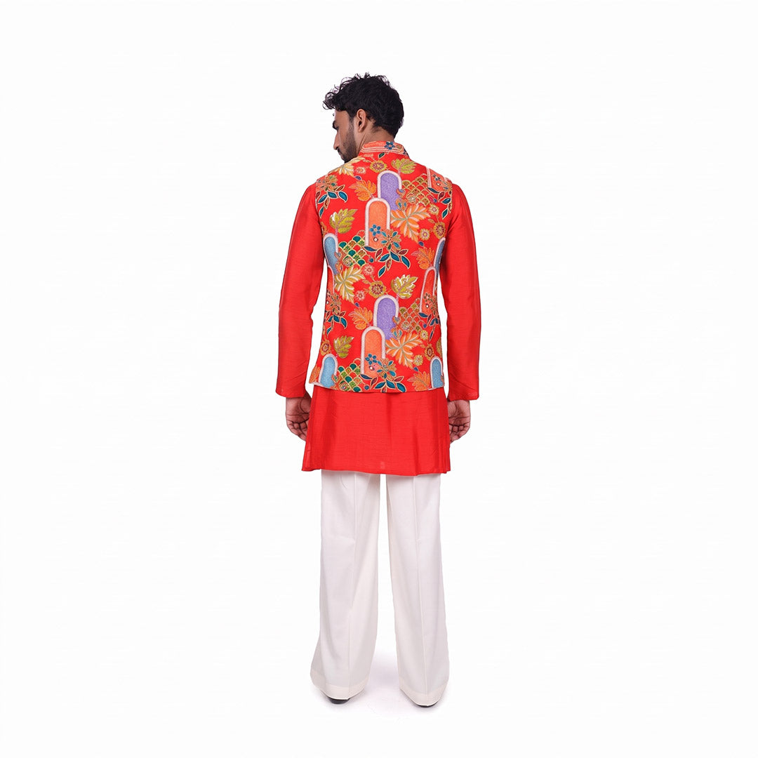 Scarlet Floral Nehru Jacket Set, back view of the printed jacket over the red kurta