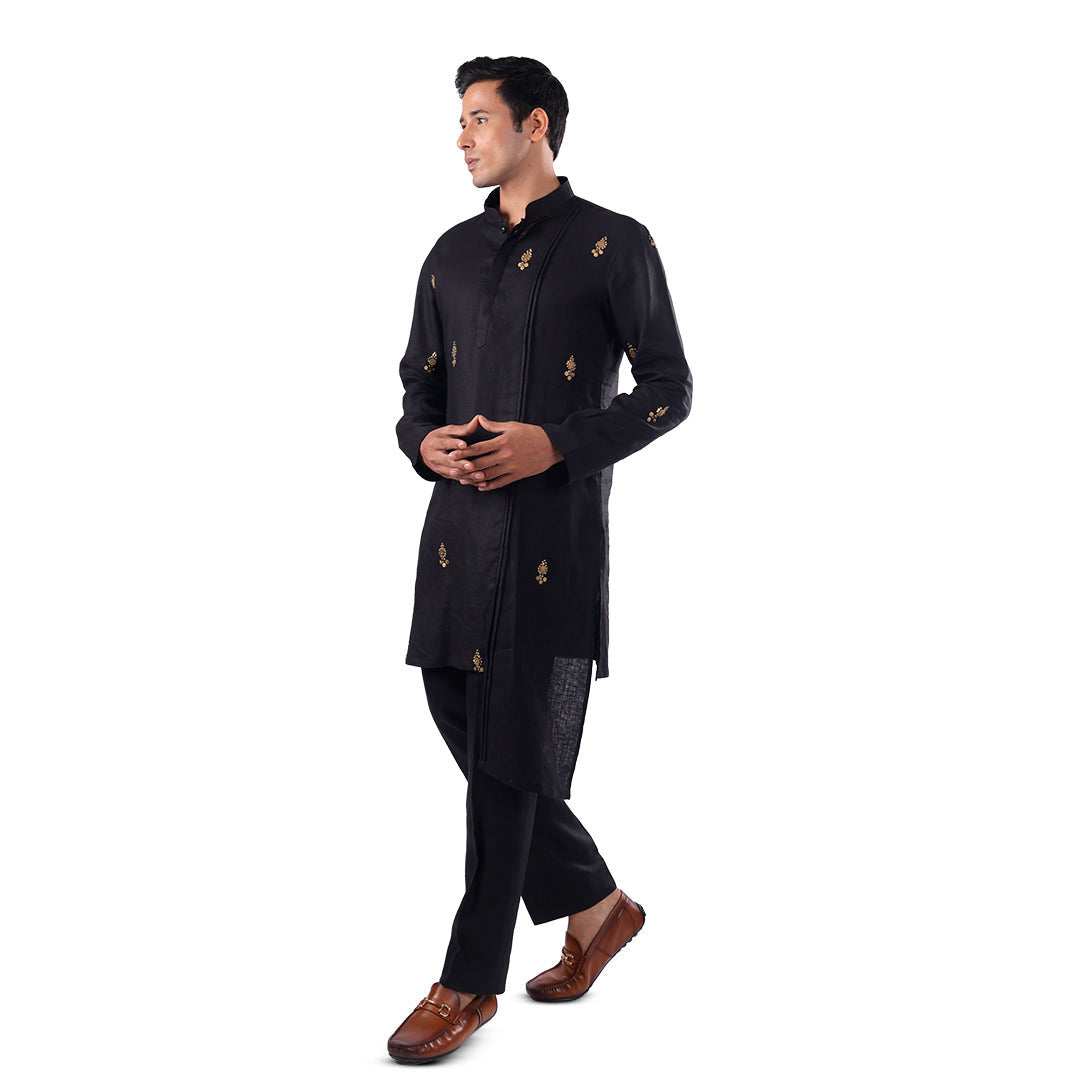 Midnight Black Monochrome Hemp Kurta Set, three-quarter front view on white background