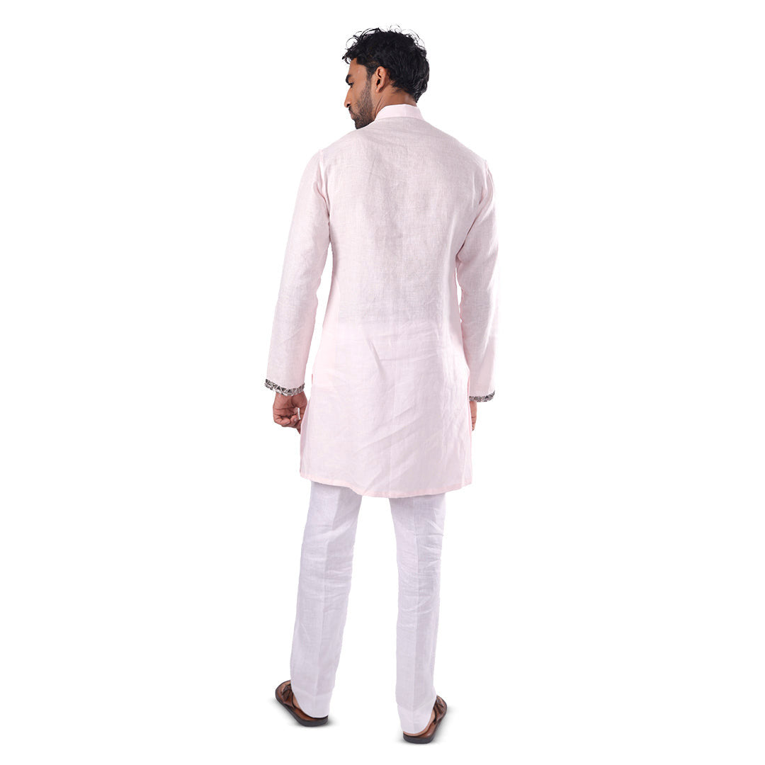Powder Pink Linear-Accent Linen Kurta Set, back view on white background
