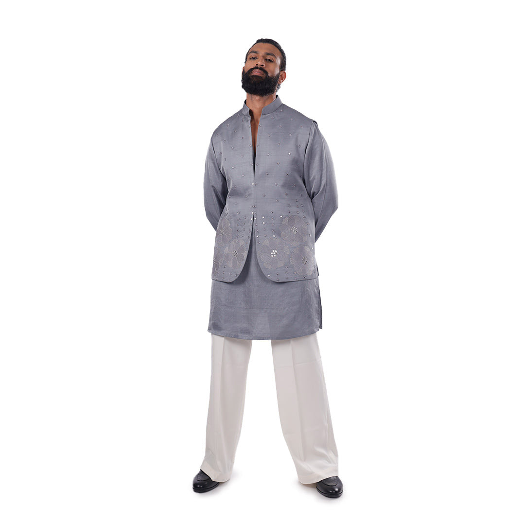 Sky Garden Nehru jacket set, full-length front view on white background