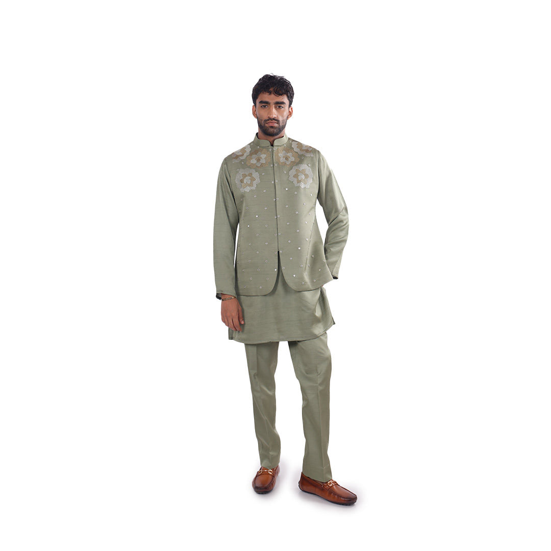 Sage Bloom Nehru Jacket Set, full-length front view on white background