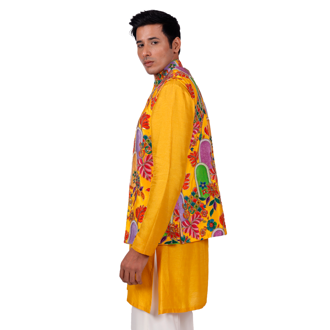 Yellow kurta with floral Nehru jacket