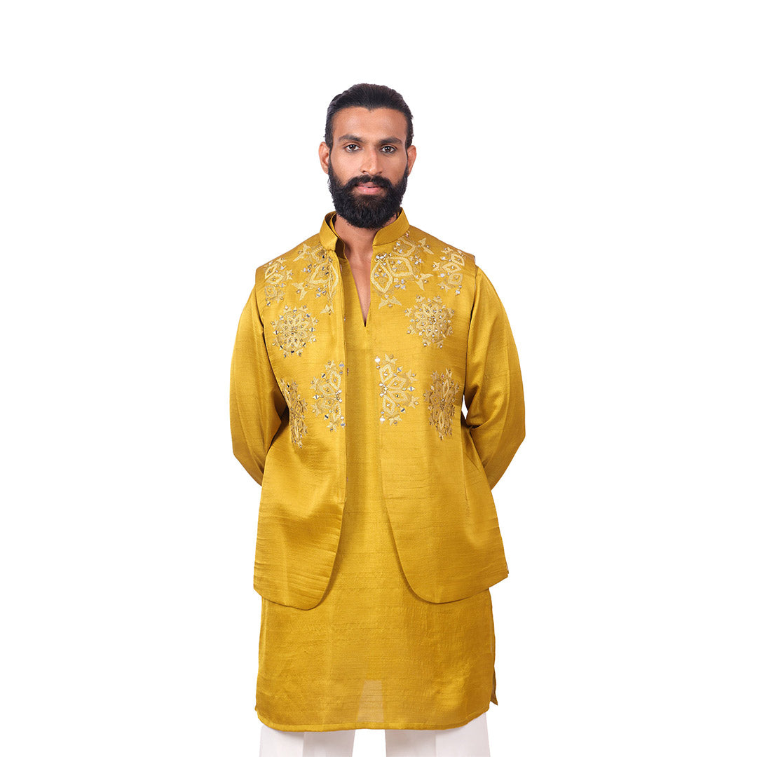 Citrus Glow Nehru Jacket Set, front view with hands behind the back