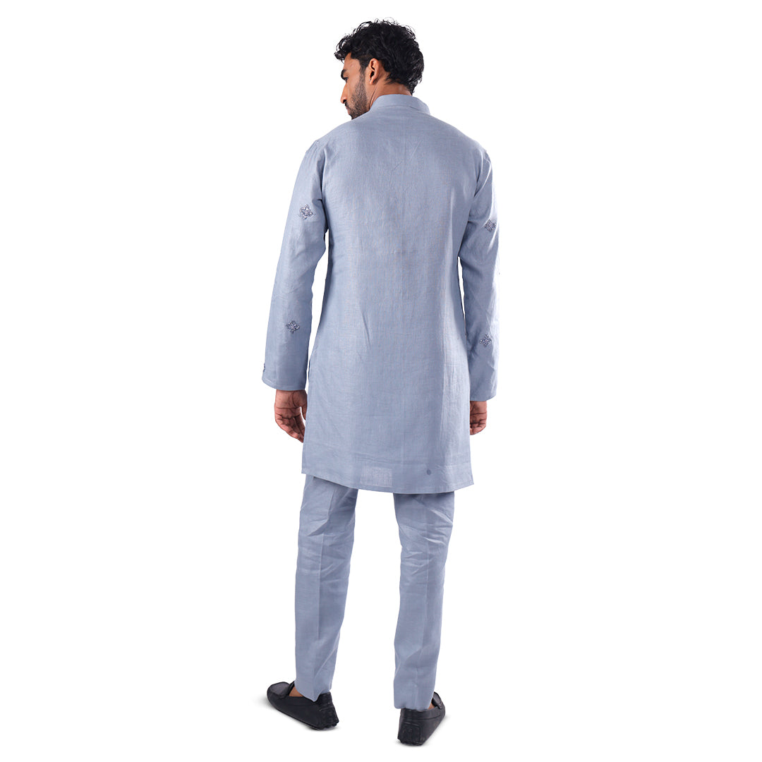 Airforce Blue Chevron-Bib Hemp Kurta Set, back view on white background
