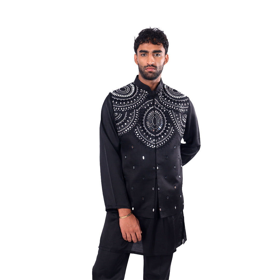 Midnight Black Mirror-Work Nehru Jacket Set, full-length front view on white background