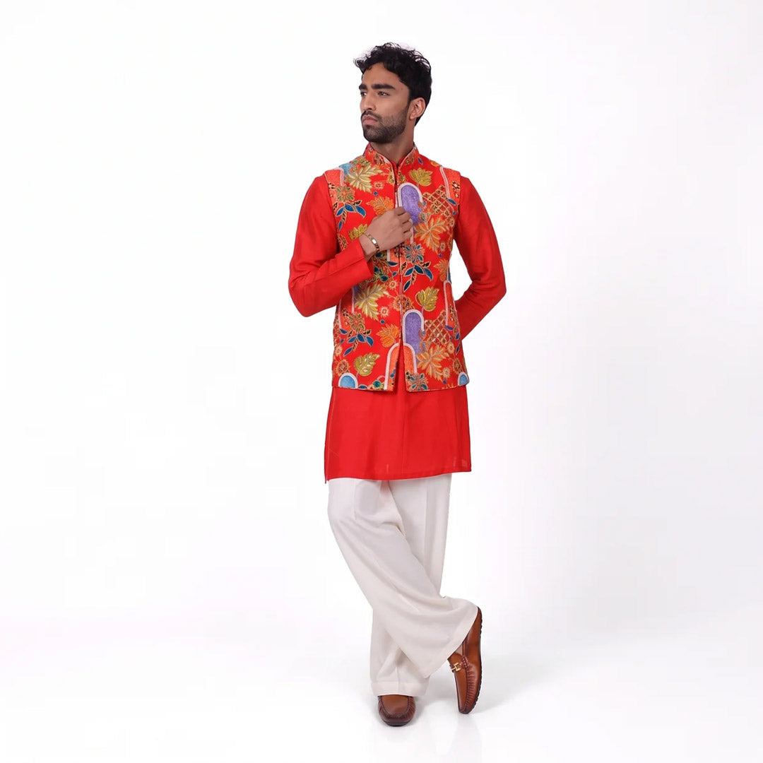 Scarlet Floral Nehru Jacket Set, front view walking, white trousers visible
