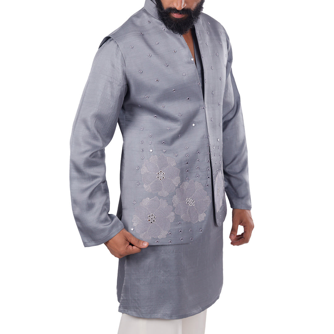 Sky Garden Nehru jacket set, three-quarter front view on white background