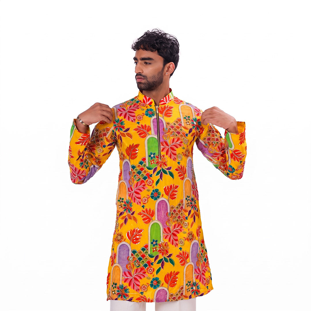 Sunshine Floral Zip Kurta Set, front view with the model adjusting the collar