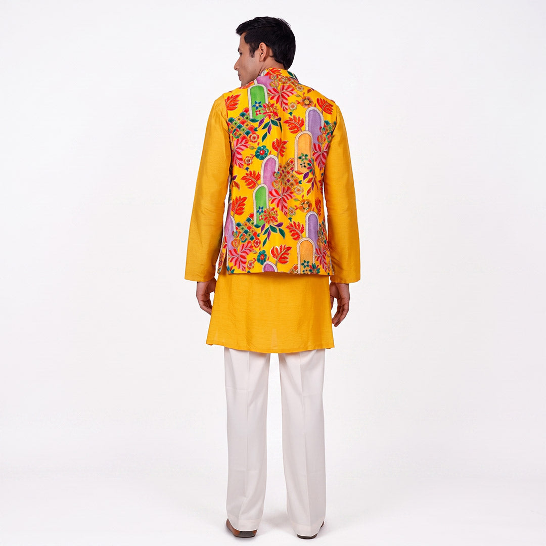 Marigold Floral Nehru Jacket Set, back view showing the printed jacket over the yellow kurta