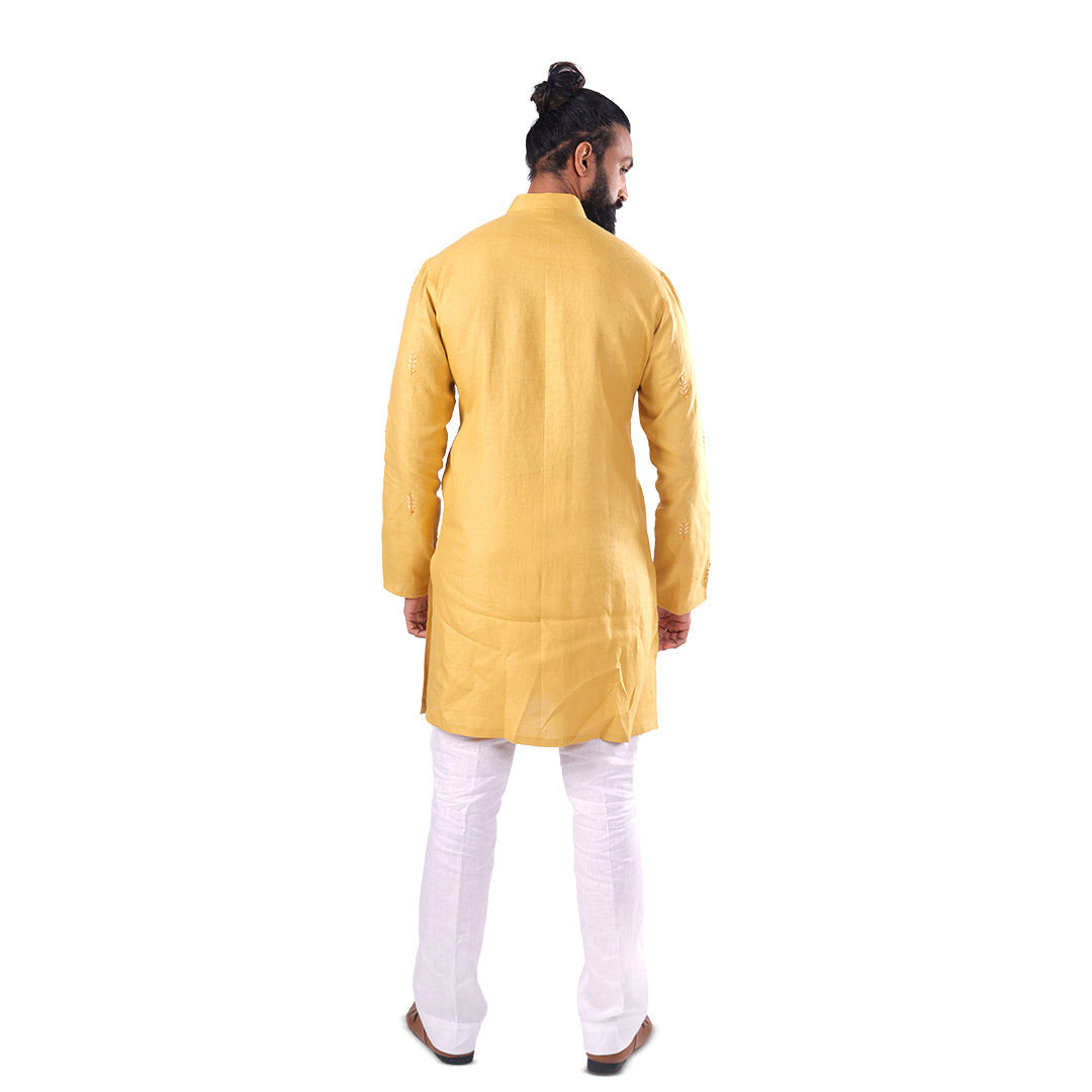 Marigold Pintuck-Columns Hemp Kurta Set, back view on white background