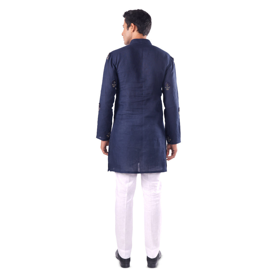 Indigo Buttoned-Bib Linen Kurta Set, back view on white background